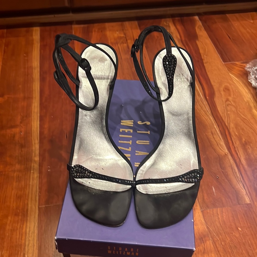 Stuart Weitzman Favorite Beaded Heels in Black Satin with box, Size 8.5M